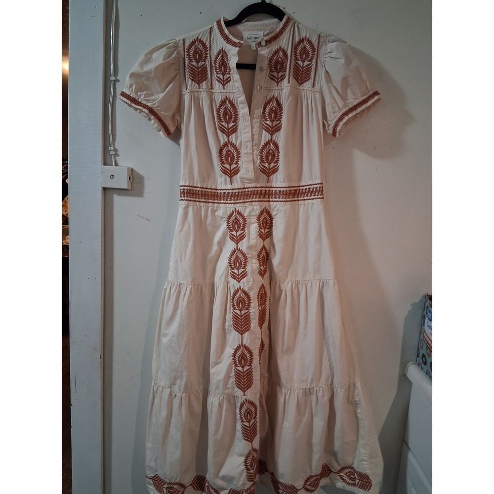Bohme Women XS Cream Rust Embroidered Tiered Midi Dress Puff Sleeve Cotton